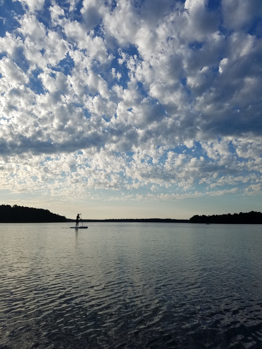 Image of a person paddleboarding on a lake.