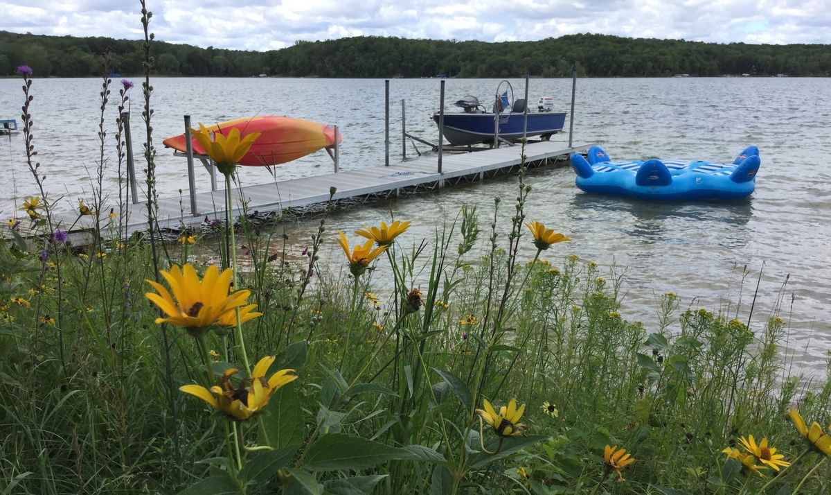 Photo of a dock along a restored shoreline area.