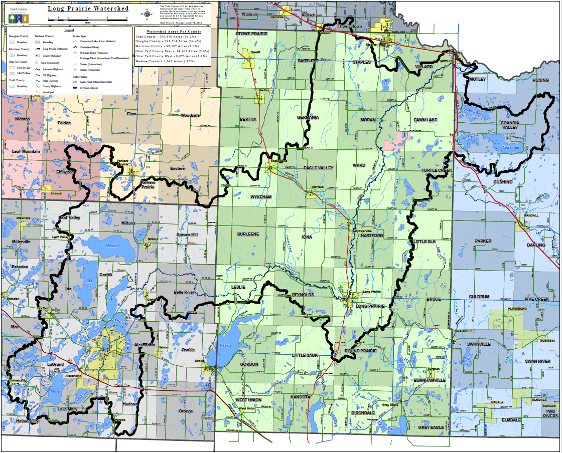 Map of the Long Prairie River watershed.