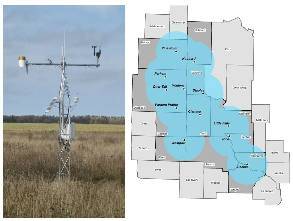 Image of a weather station and map of station locations.