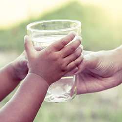 Image of a child's hands holding a glass of water.