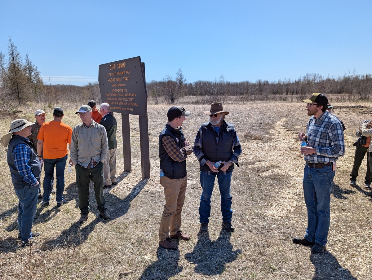 People gather for a dedication ceremony for the Paschke Family Tract addition to the Carp Swamp Wildlife Management Area Saturday, May 3, 2025, near Baudette, Minnesota. The 1,300-acre addition adds to the existing 14,000-acre WMA and contains a Sharp-tai Pheasants Forever and Partners Dedicate 1,300-acre Carp Swamp Wildlife Management Area Addition