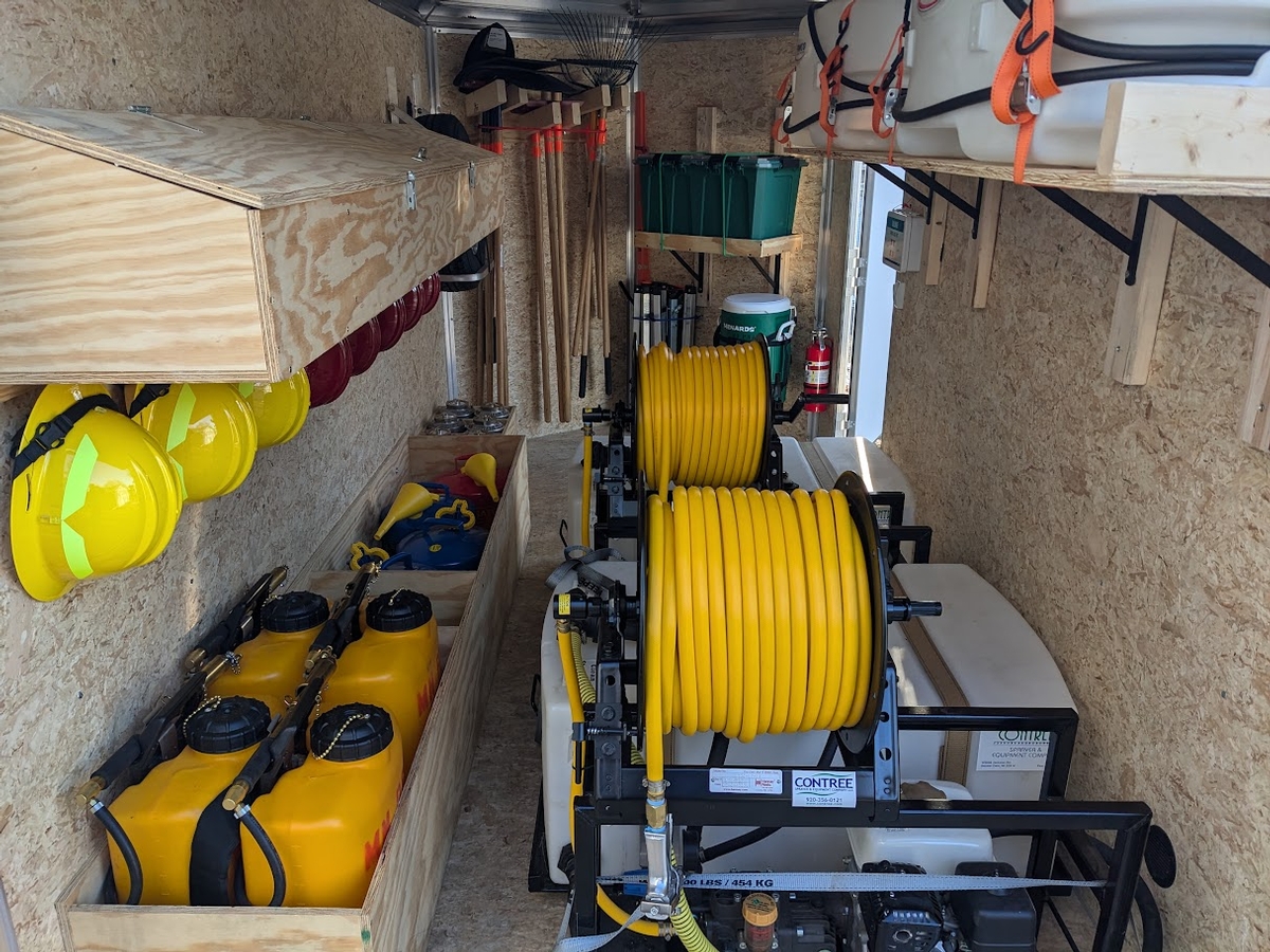 Interior of burn trailer, with equipment to conduct a modest-sized burn. Trailer interior