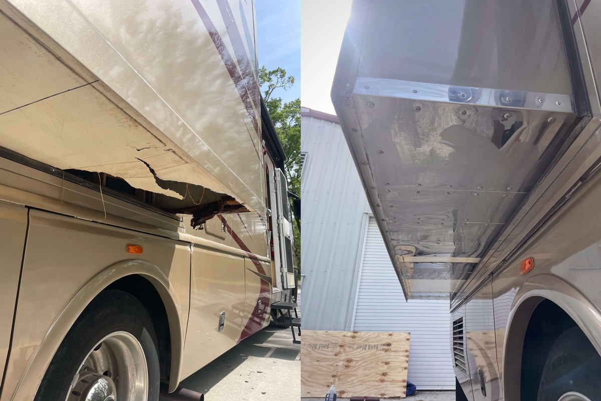 Before and after photo of an RV slide-out floor with severe rot damage that has been using Guardian Plates.
